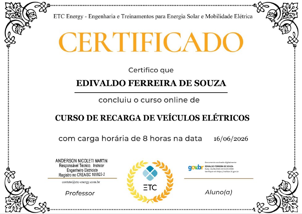 Recarga de veículos elétricos - Certificado